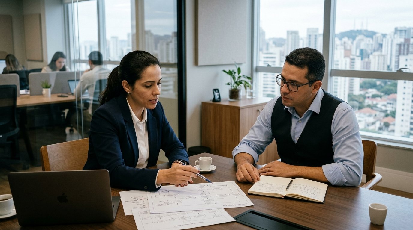 Diretoria de governança corporativa e gestor de operações alinhando arquitetura e controle contra shadow IT
