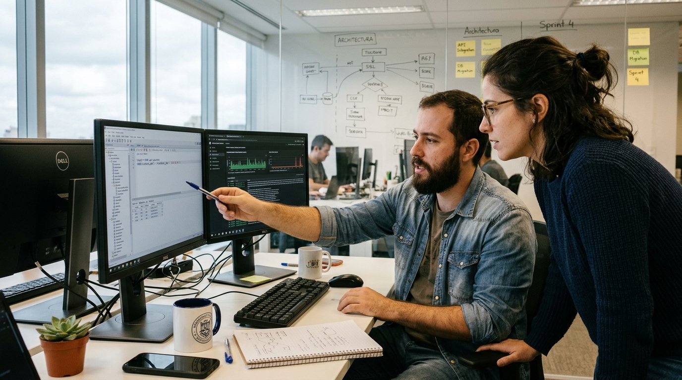 Engenheiros de software e dados analisando latência e integração entre inteligência artificial e ERP legado