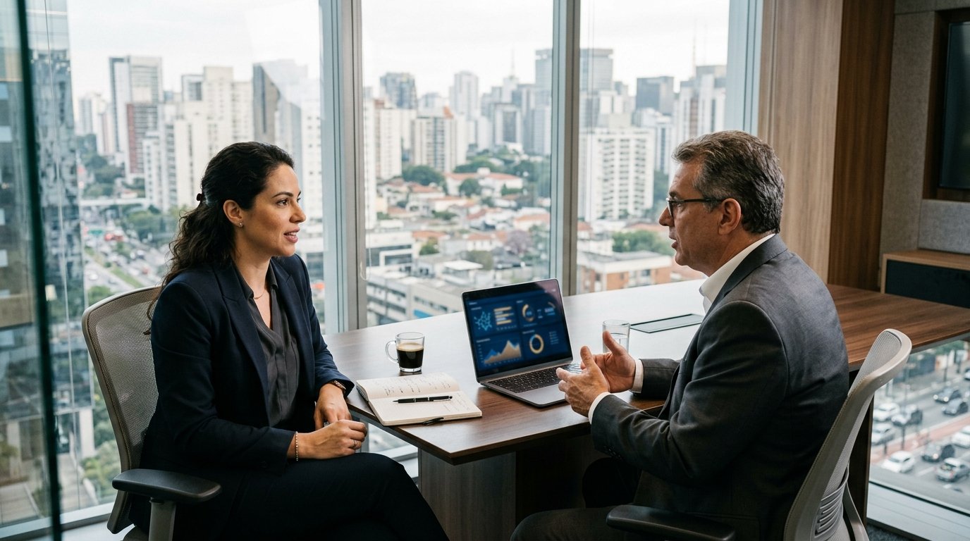 Liderança executiva de CISO e compliance em reunião estratégica definindo guardrails de IA