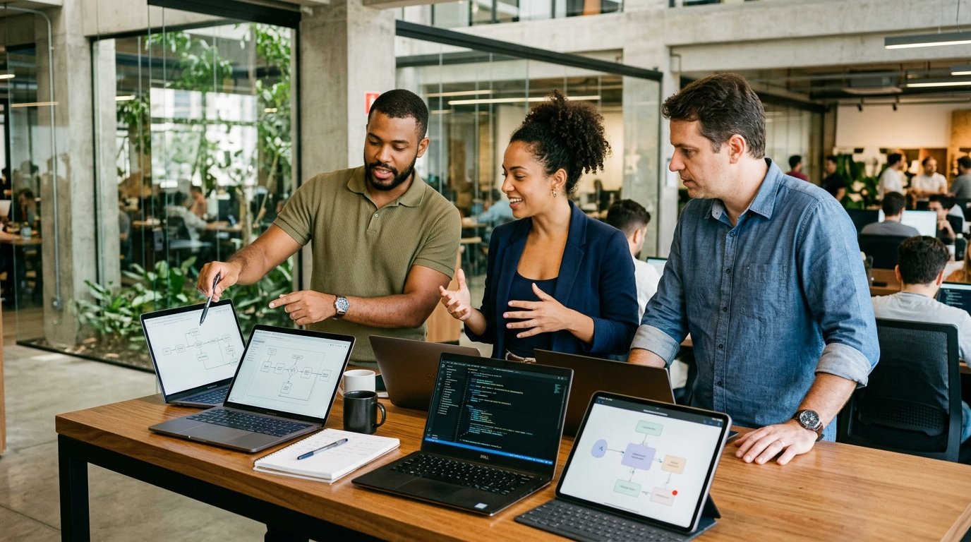 Squad de tecnologia colaborando ativamente no desenvolvimento de enxames multi-agentes (Swarms) em polo de inovação