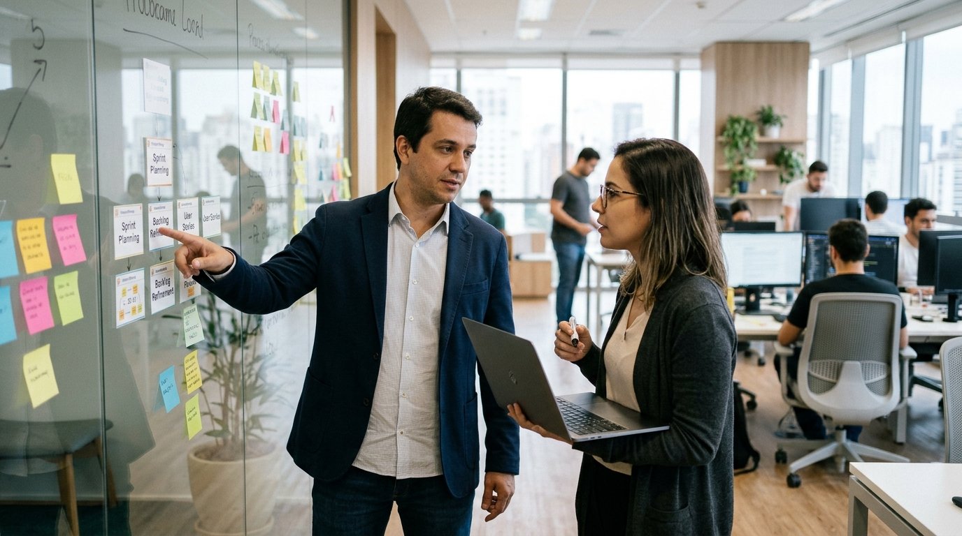 Liderança de tecnologia e arquiteta de soluções mapeando jornadas e orquestração de processos multiagentes