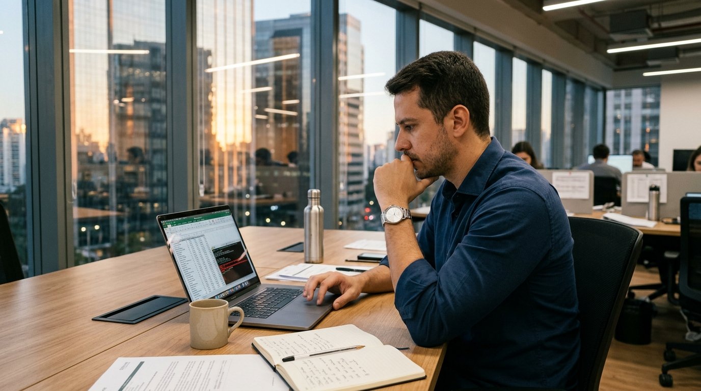 Profissional de operações corporativas analisando scripts e riscos de automação não homologada em escritório