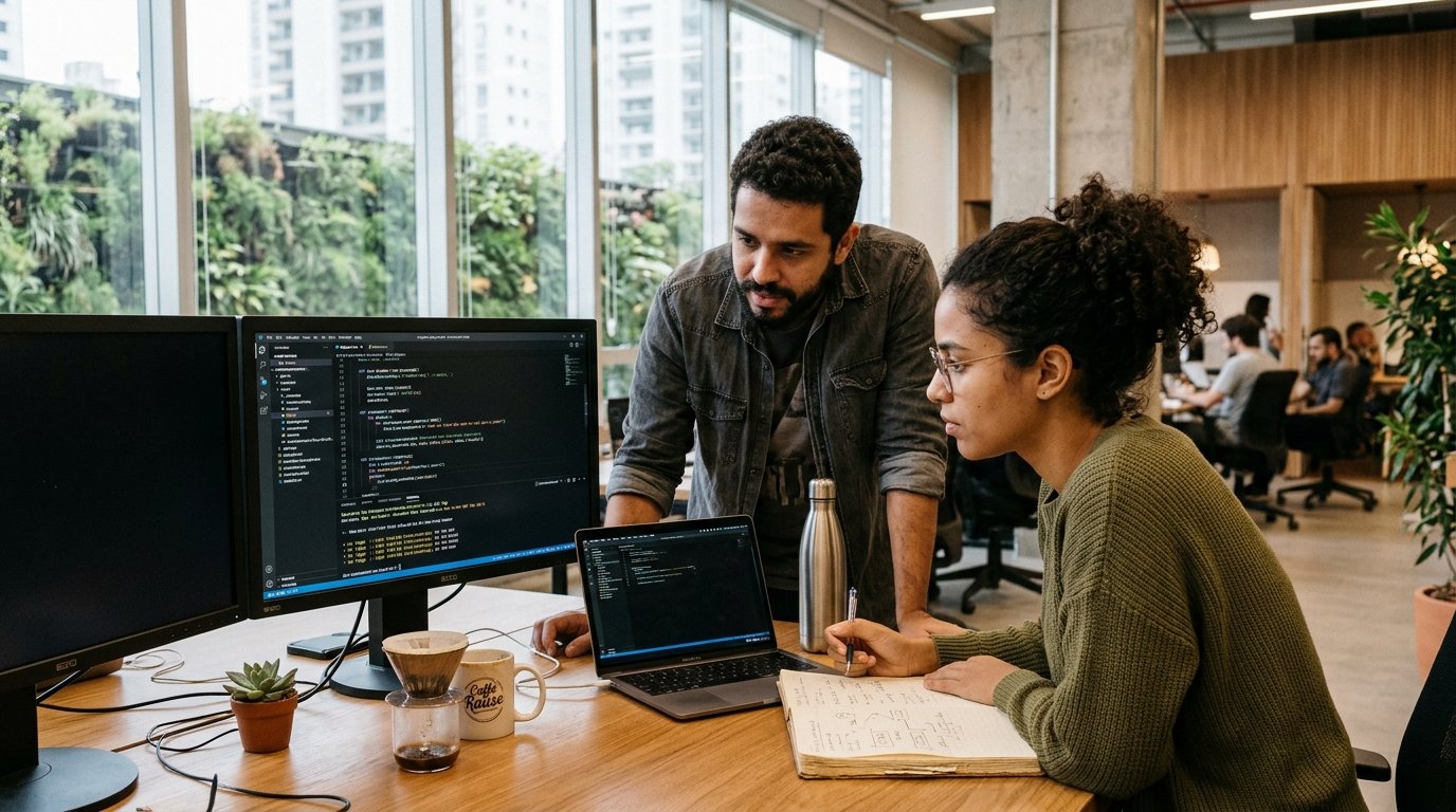 Engenheiros de software seniores desenvolvendo arquitetura aberta em Python para soberania digital corporativa